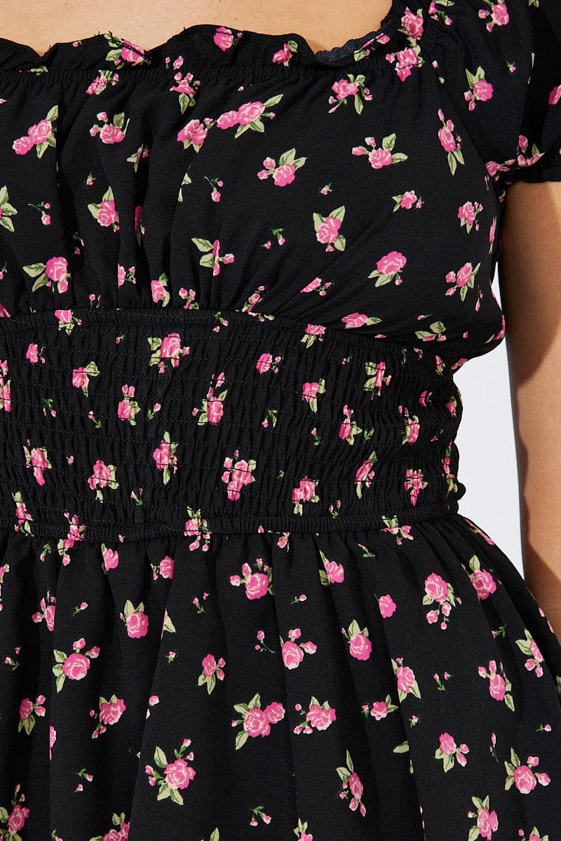 Black Ditsy Ruffle Playsuit Short Sleeve