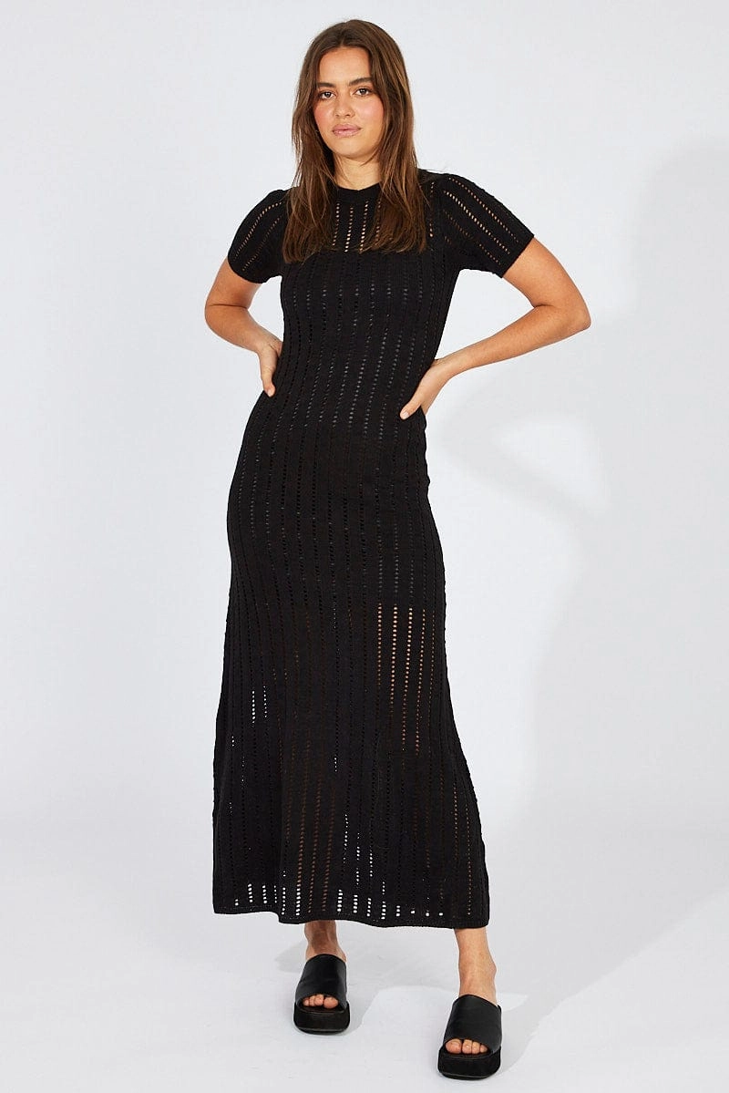 Black Knit Maxi Dress Crochet Short Sleeve