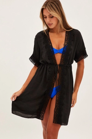 Black Tie Front Lace Kimono