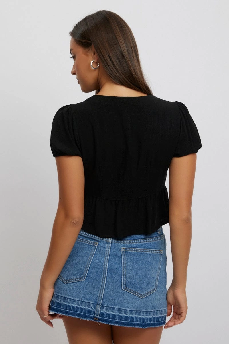 Black Tie Front Top Puff Sleeve