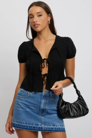 Black Tie Front Top Puff Sleeve