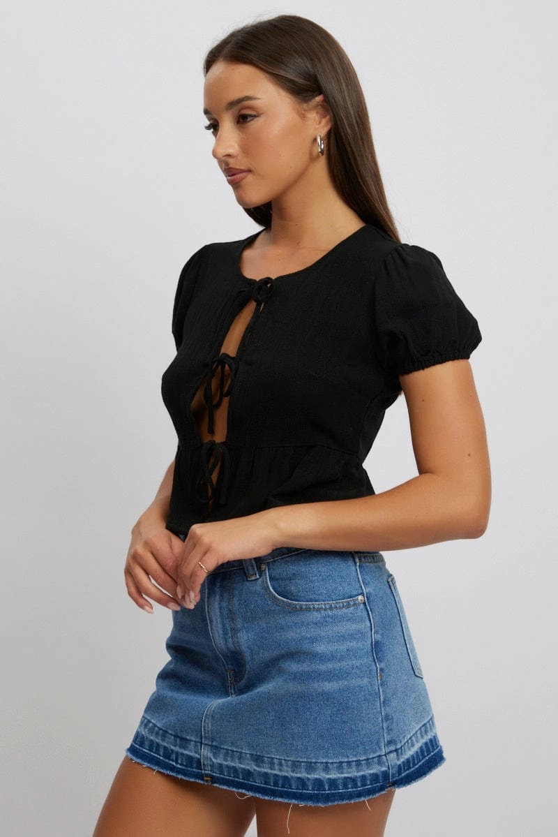 Black Tie Front Top Puff Sleeve