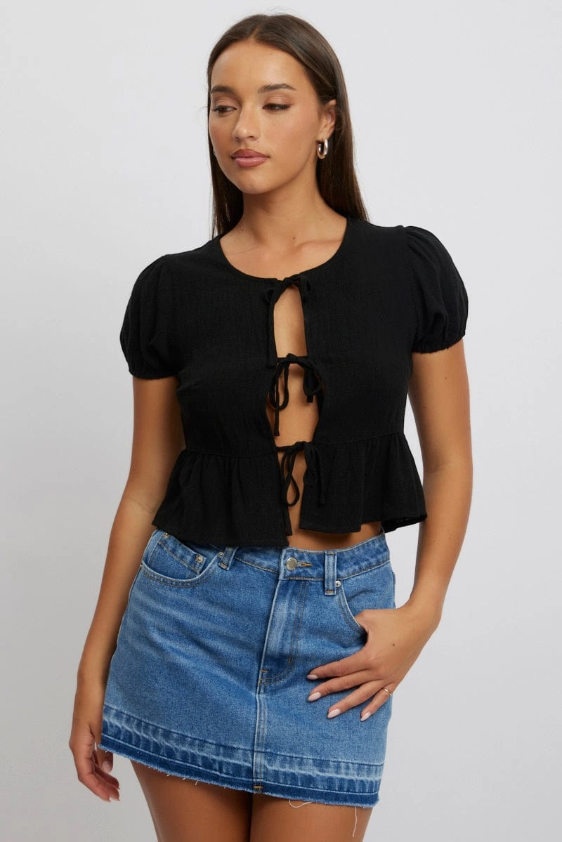 Black Tie Front Top Puff Sleeve