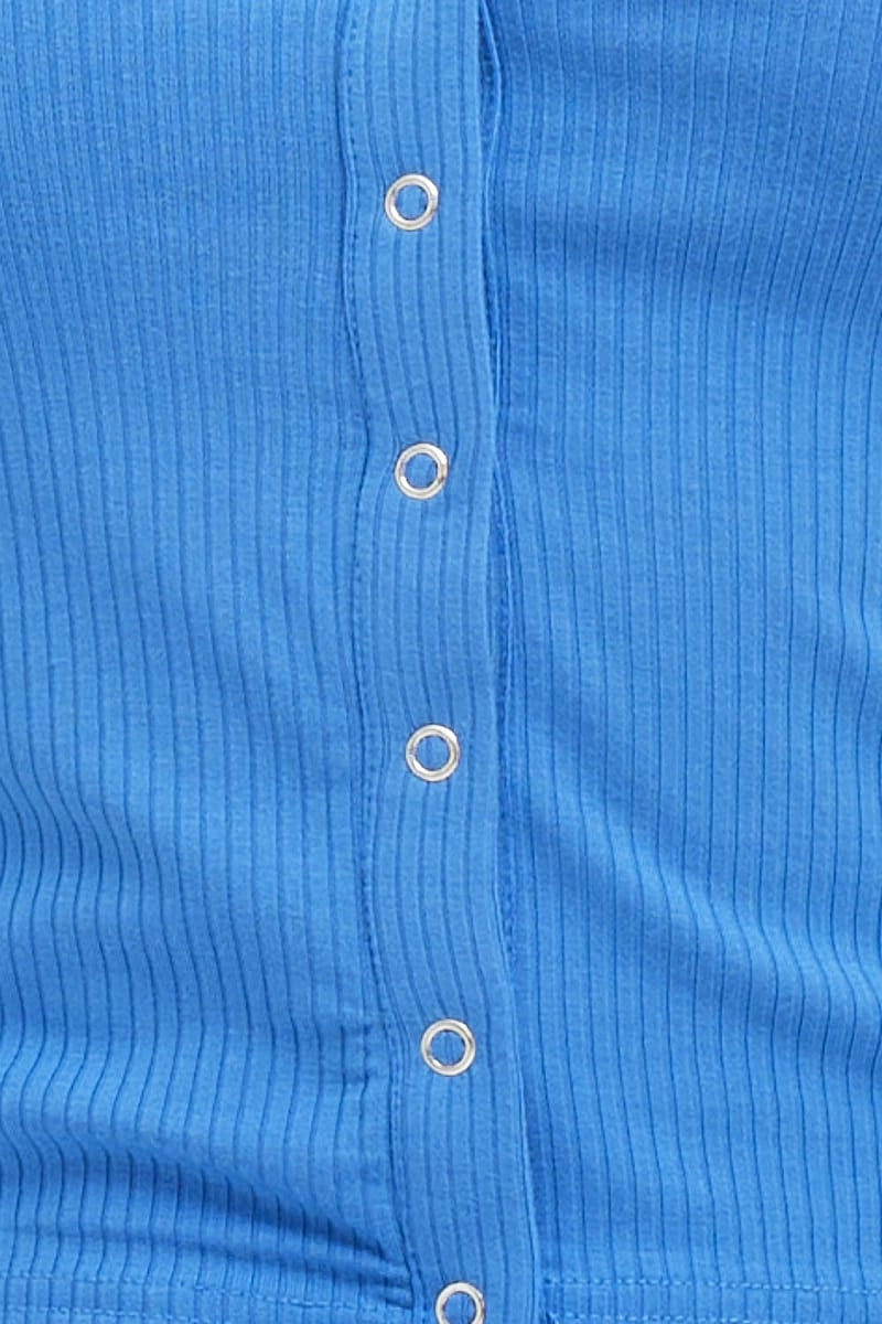 Blue Button Front Top Short Sleeve Ribbed