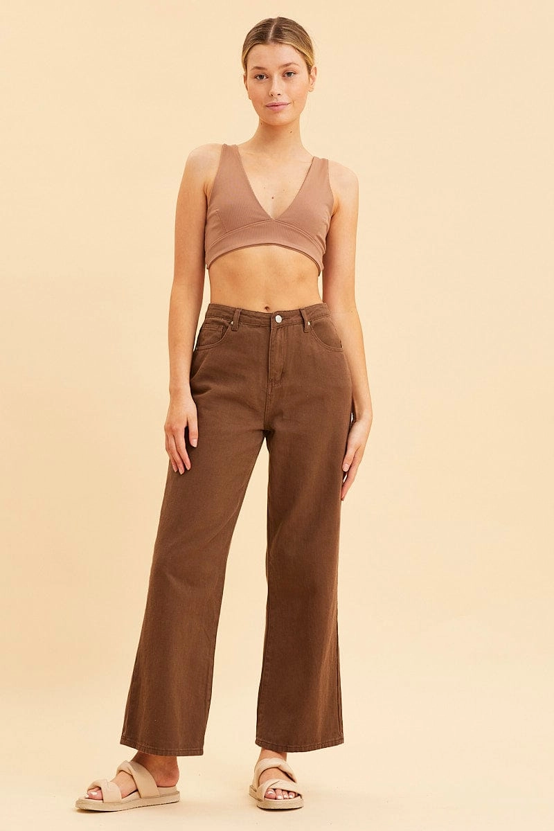 Brown V Neck Bralette Cotton Stretch