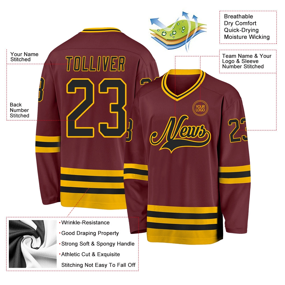 Custom Burgundy Black-Gold Hockey Jersey
