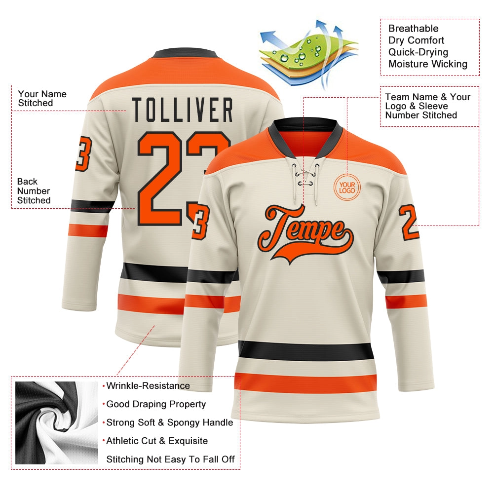 Custom Cream Orange-Black Hockey Lace Neck Jersey