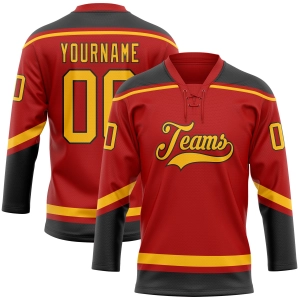 Custom Red Gold-Black Hockey Lace Neck Jersey