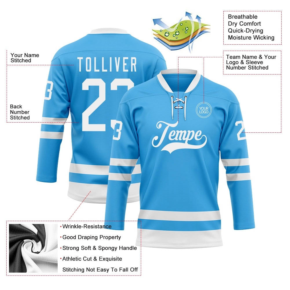 Custom Sky Blue White Hockey Lace Neck Jersey