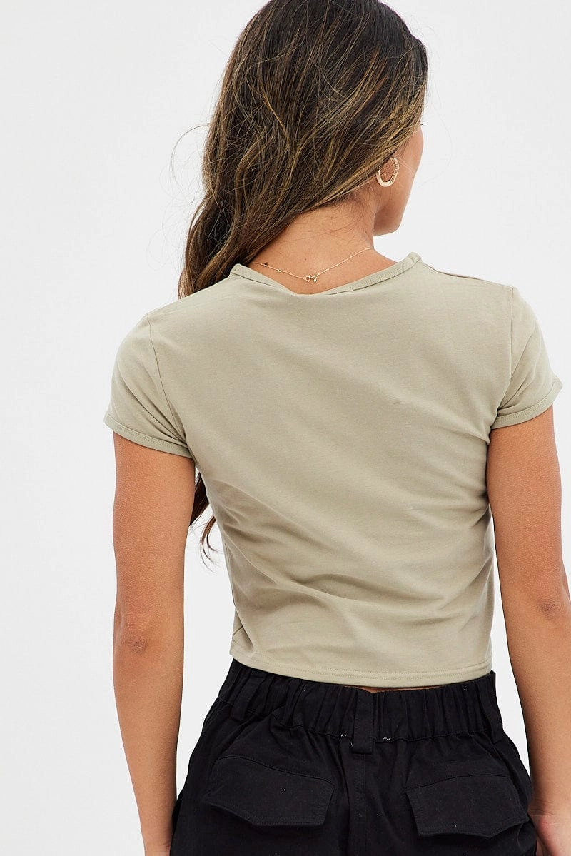 Green Crop Top Short Sleeve Crew Neck Keyhole Cotton
