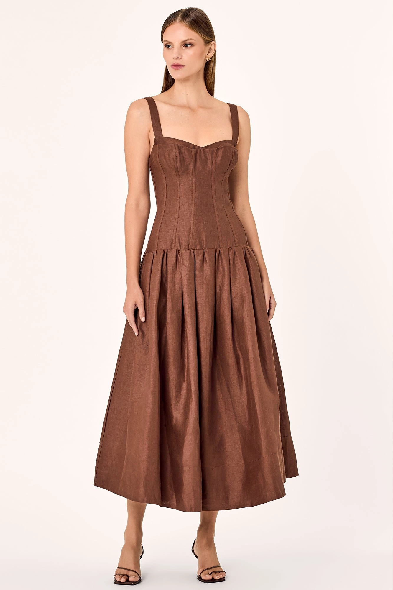 MAKENNA DROP WAIST CORSET MIDI DRESS - CIGAR