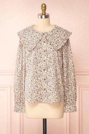 Parnita | Floral Button-Up Top w/ Peter Pan Collar