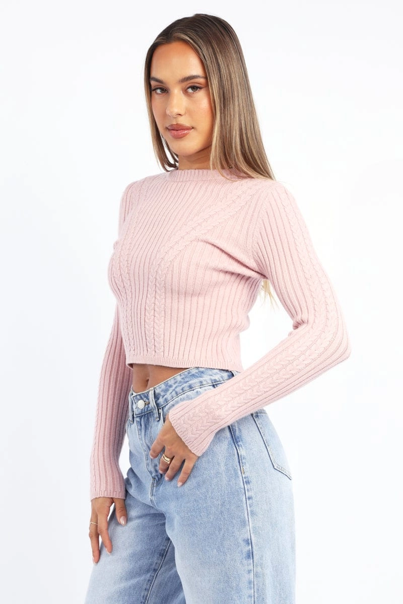 Pink Cable Knit Top Long Sleeve
