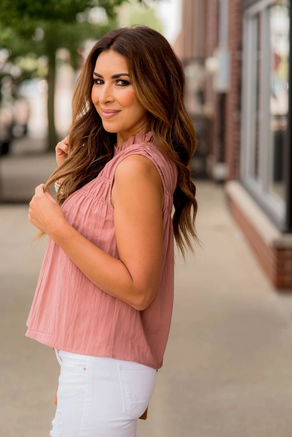 Pleated Bib Cinched Neck Tank