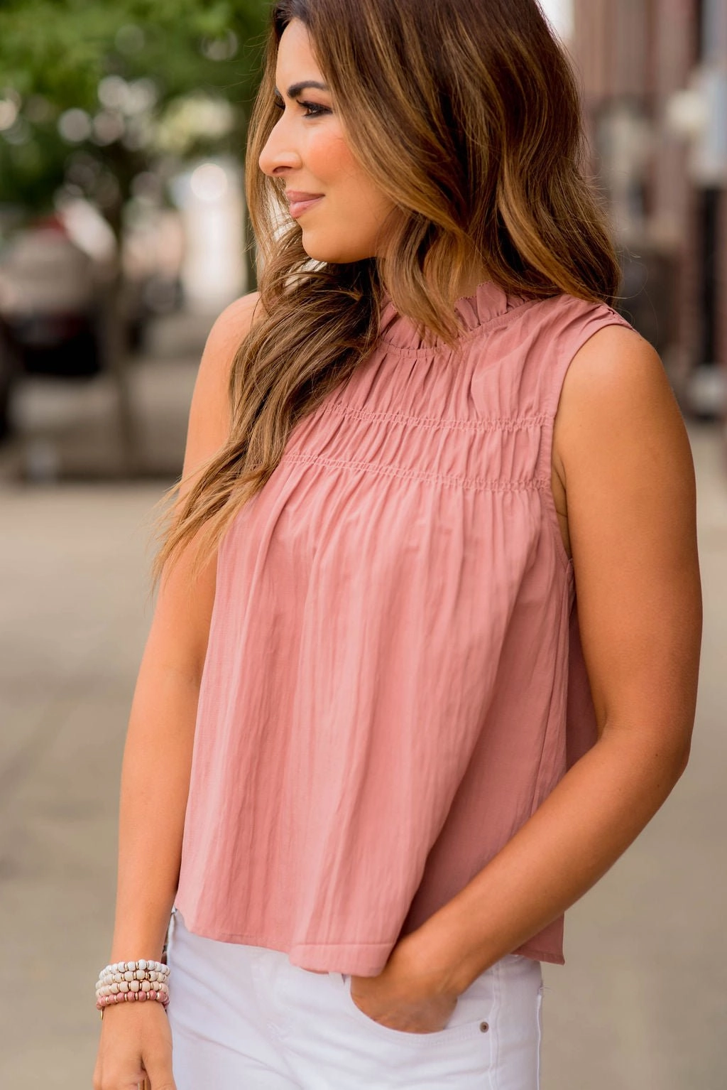 Pleated Bib Cinched Neck Tank