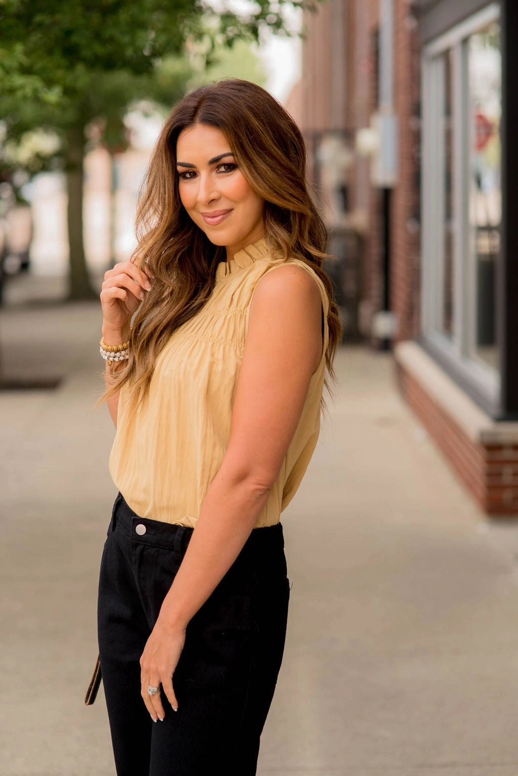 Pleated Bib Cinched Neck Tank