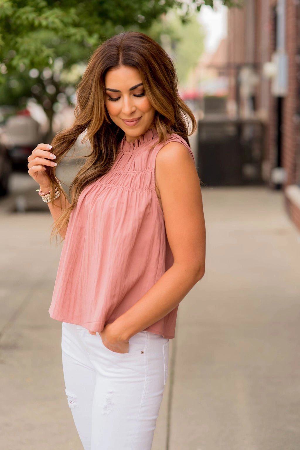 Pleated Bib Cinched Neck Tank