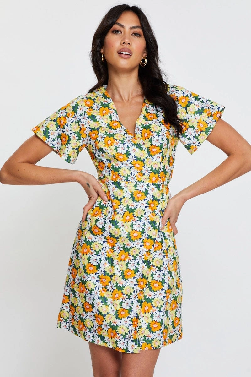 Print Fit And Flare Dress Short Sleeve V Neck