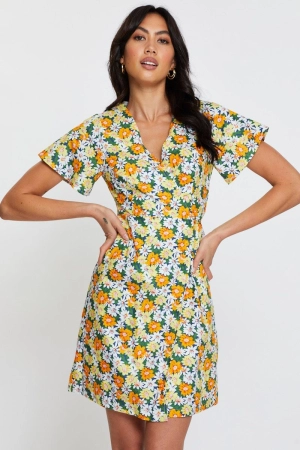 Print Fit And Flare Dress Short Sleeve V Neck