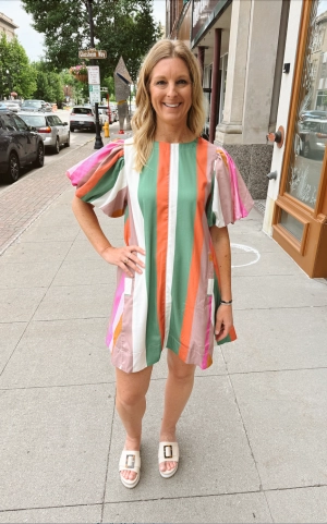 Striped Bubble Sleeve Dress