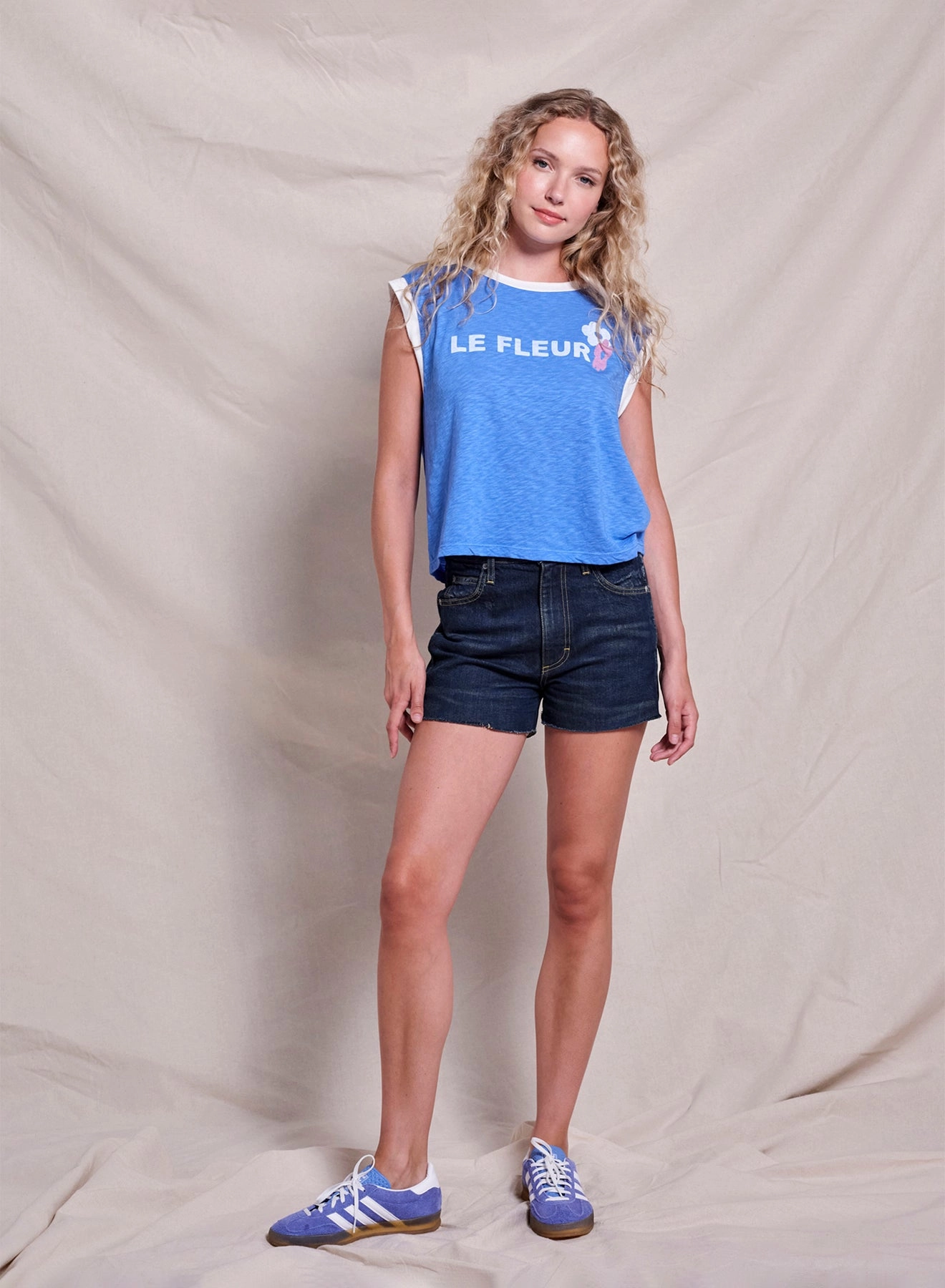 Sundry Le Fleur Cropped Muscle Tank in Lagoon Blue