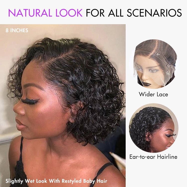 Ultra Natural Slicked Back Short Curly Wig Glueless Ear-to-ear Wide T Lace Front Wig