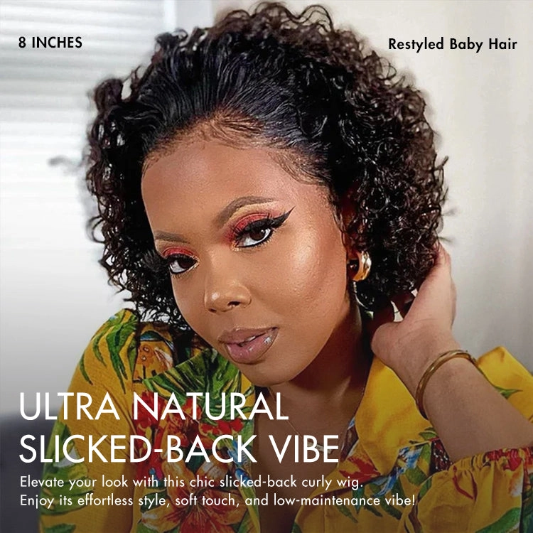 Ultra Natural Slicked Back Short Curly Wig Glueless Ear-to-ear Wide T Lace Front Wig