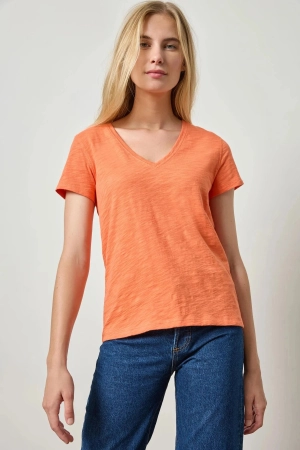 V-Neck Short Sleeve Back Seam Tee Tangerine