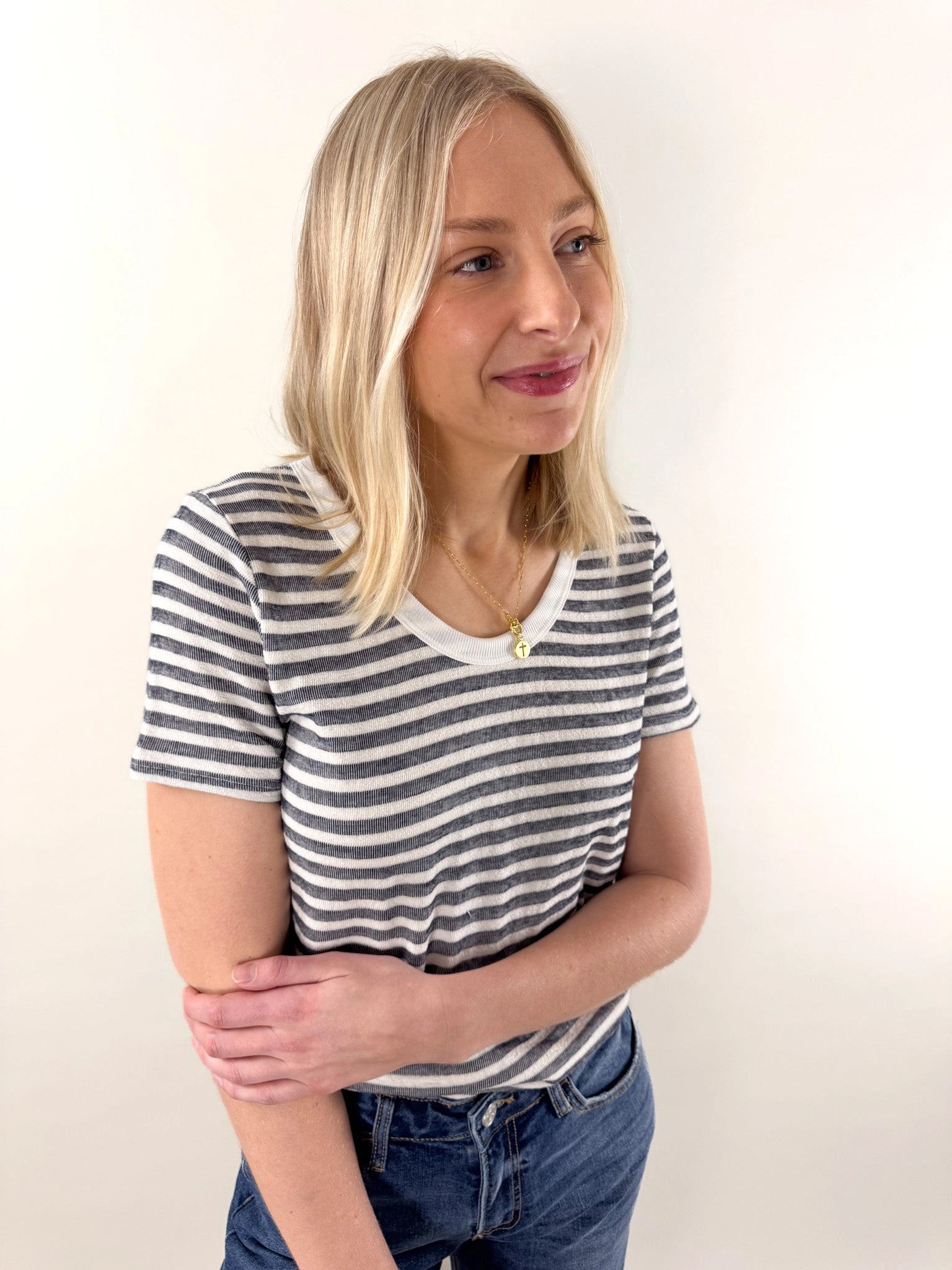 Vicki Round Neck Navy Stripe Short Sleeve