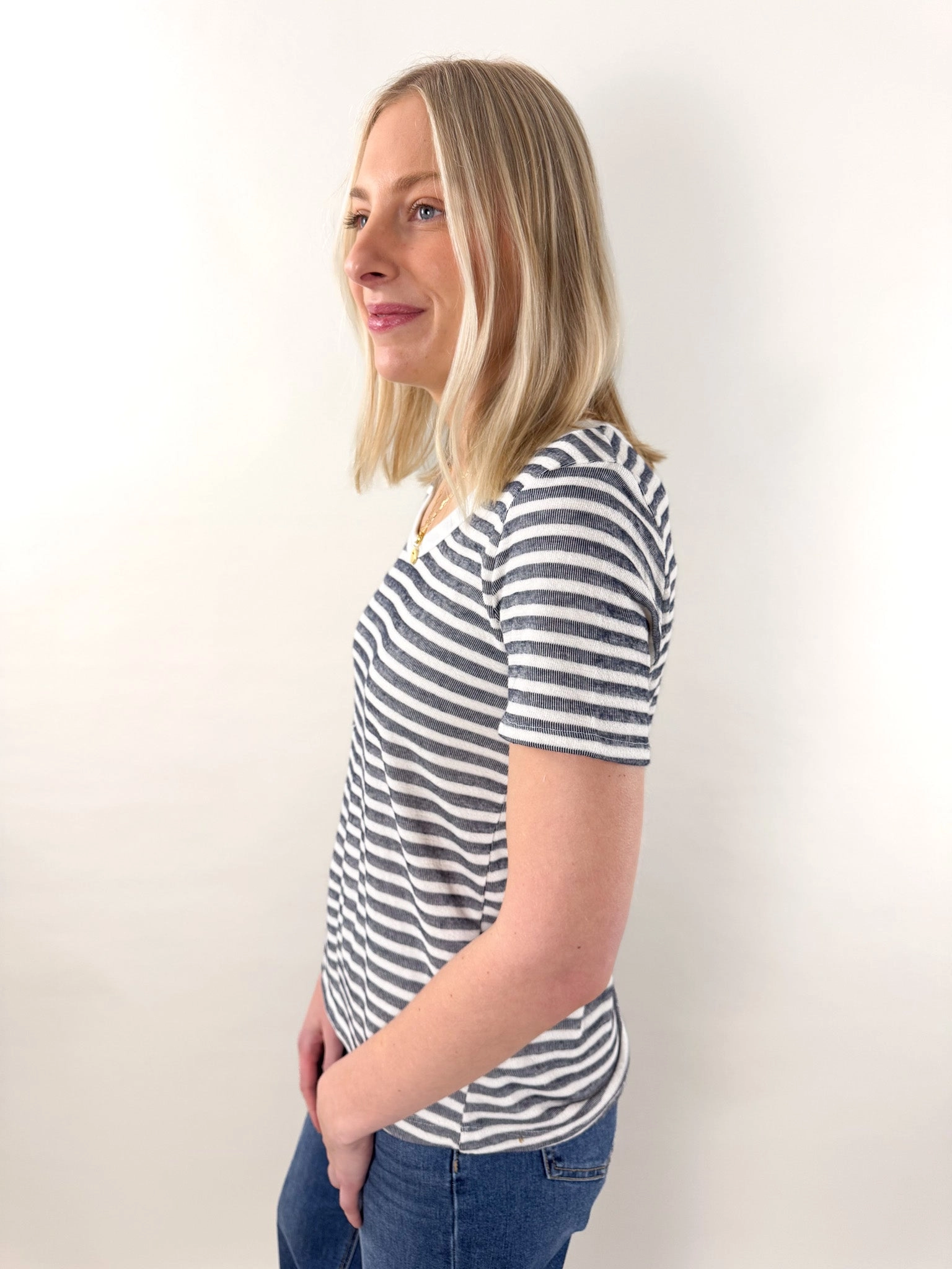 Vicki Round Neck Navy Stripe Short Sleeve