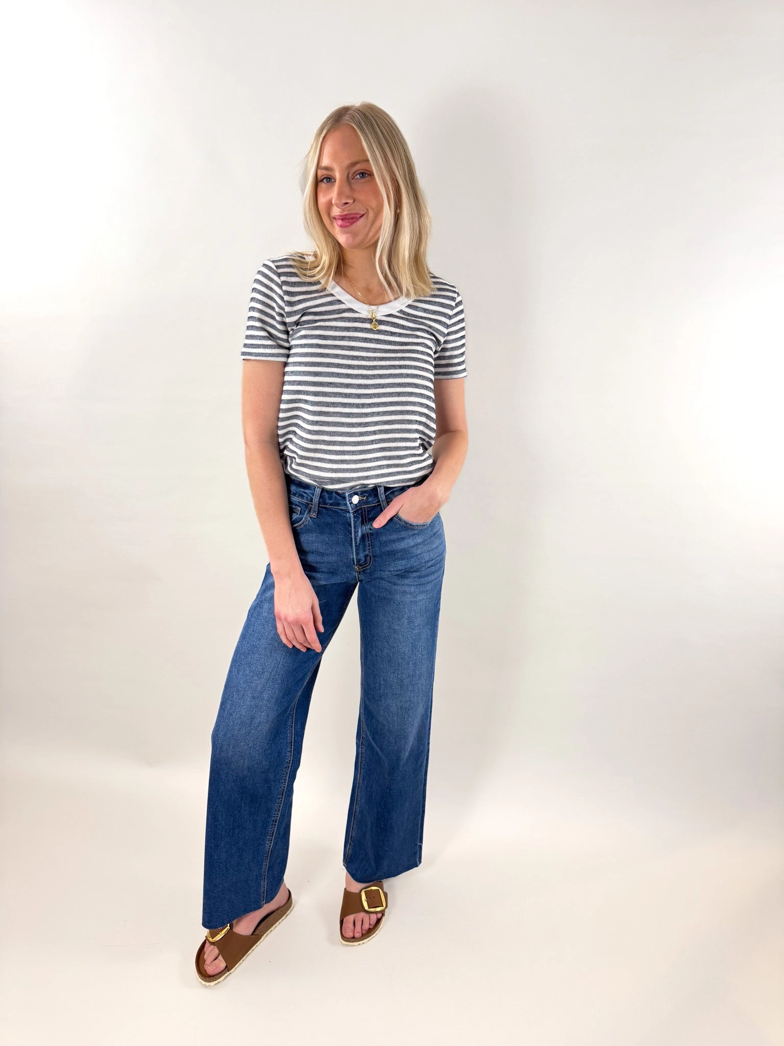 Vicki Round Neck Navy Stripe Short Sleeve