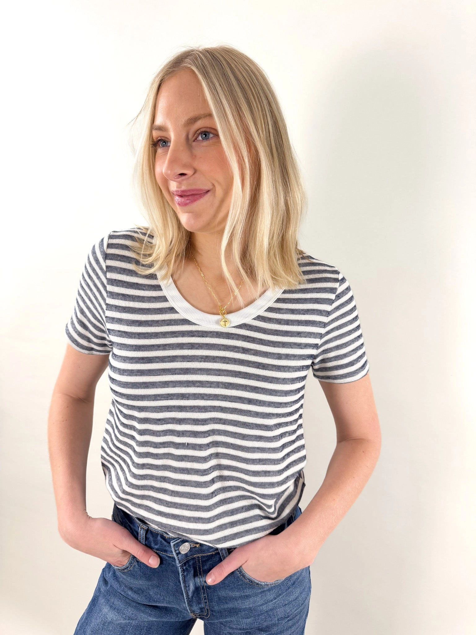 Vicki Round Neck Navy Stripe Short Sleeve