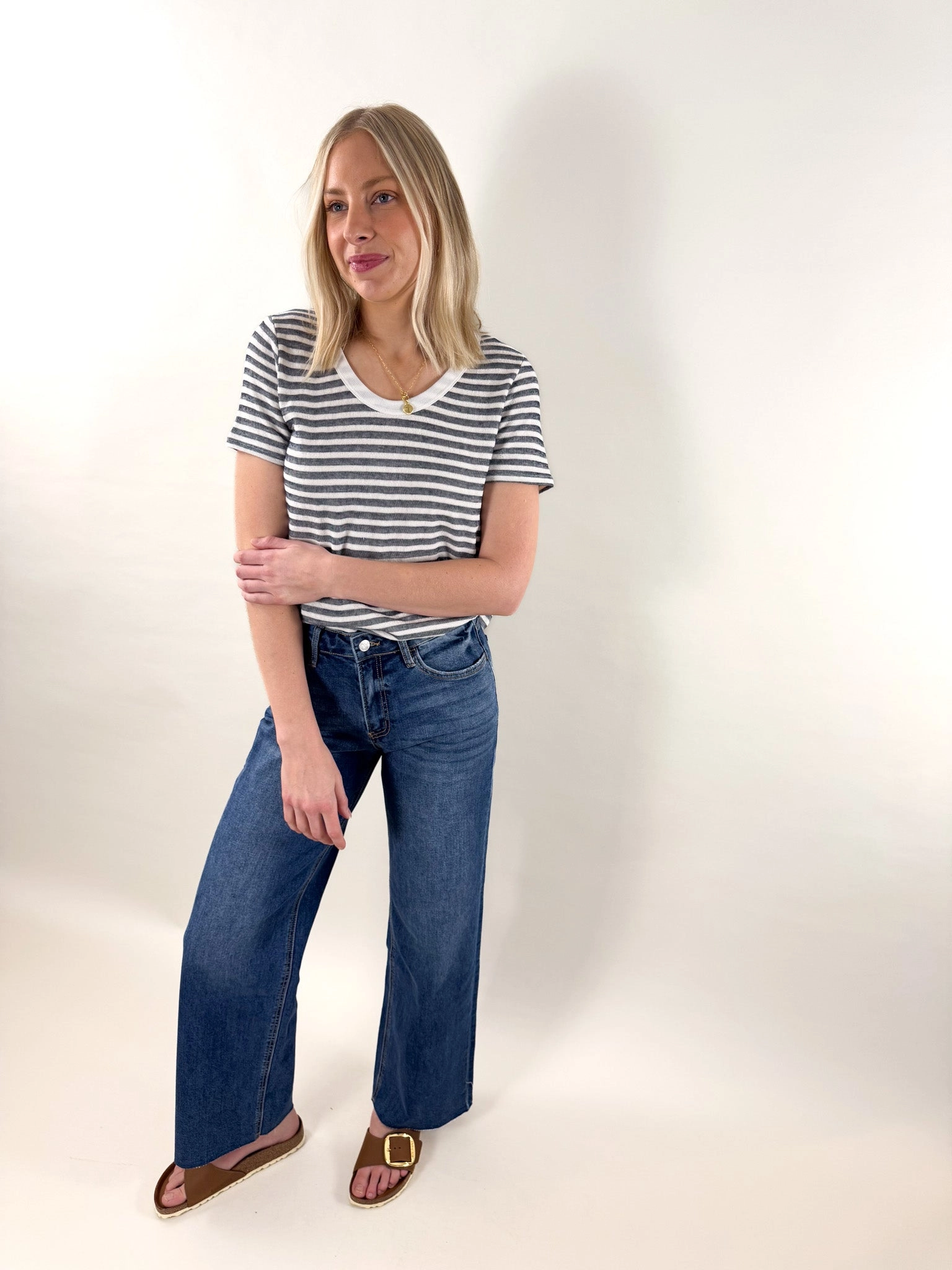 Vicki Round Neck Navy Stripe Short Sleeve