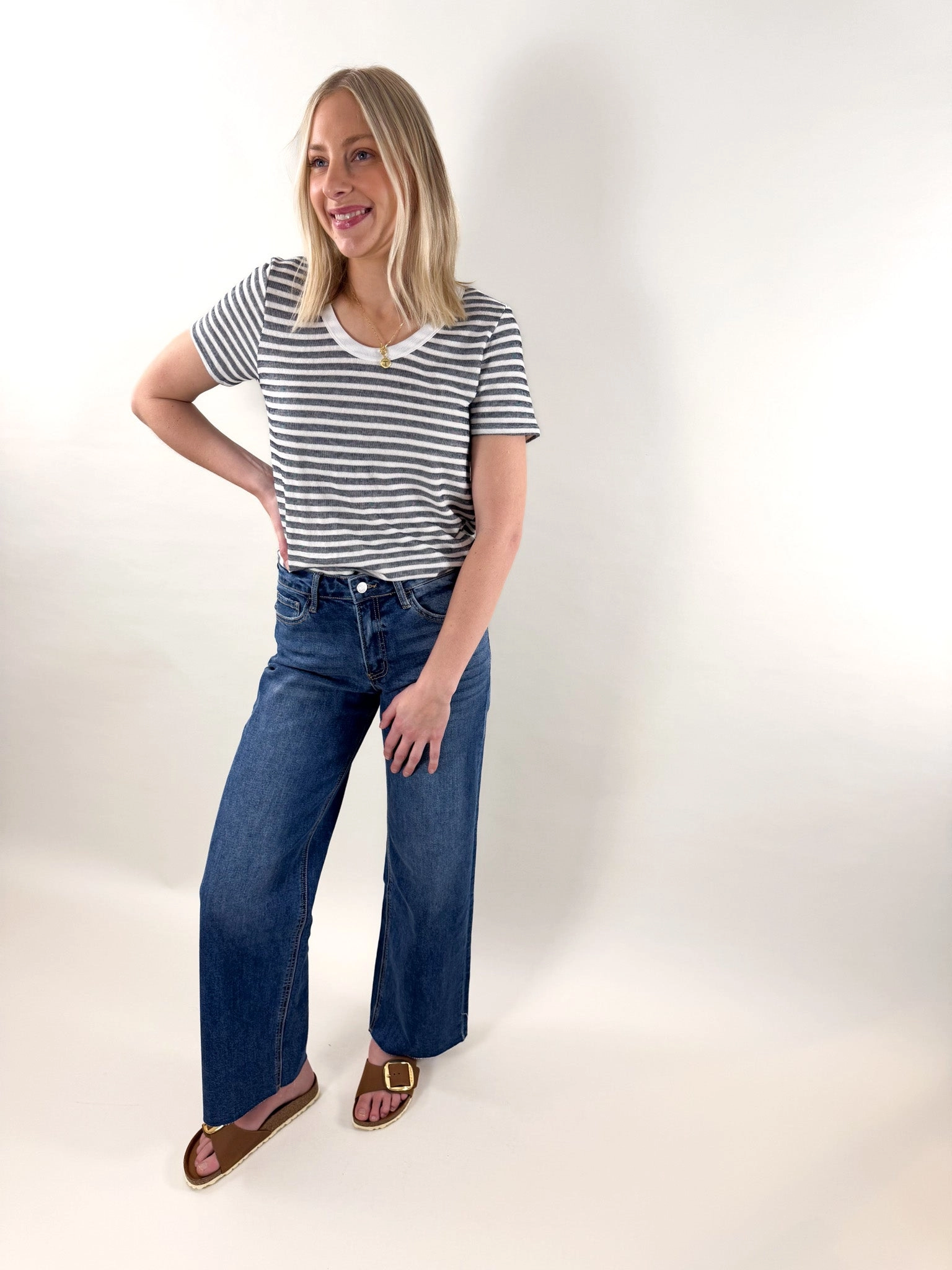 Vicki Round Neck Navy Stripe Short Sleeve