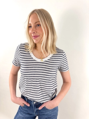 Vicki Round Neck Navy Stripe Short Sleeve