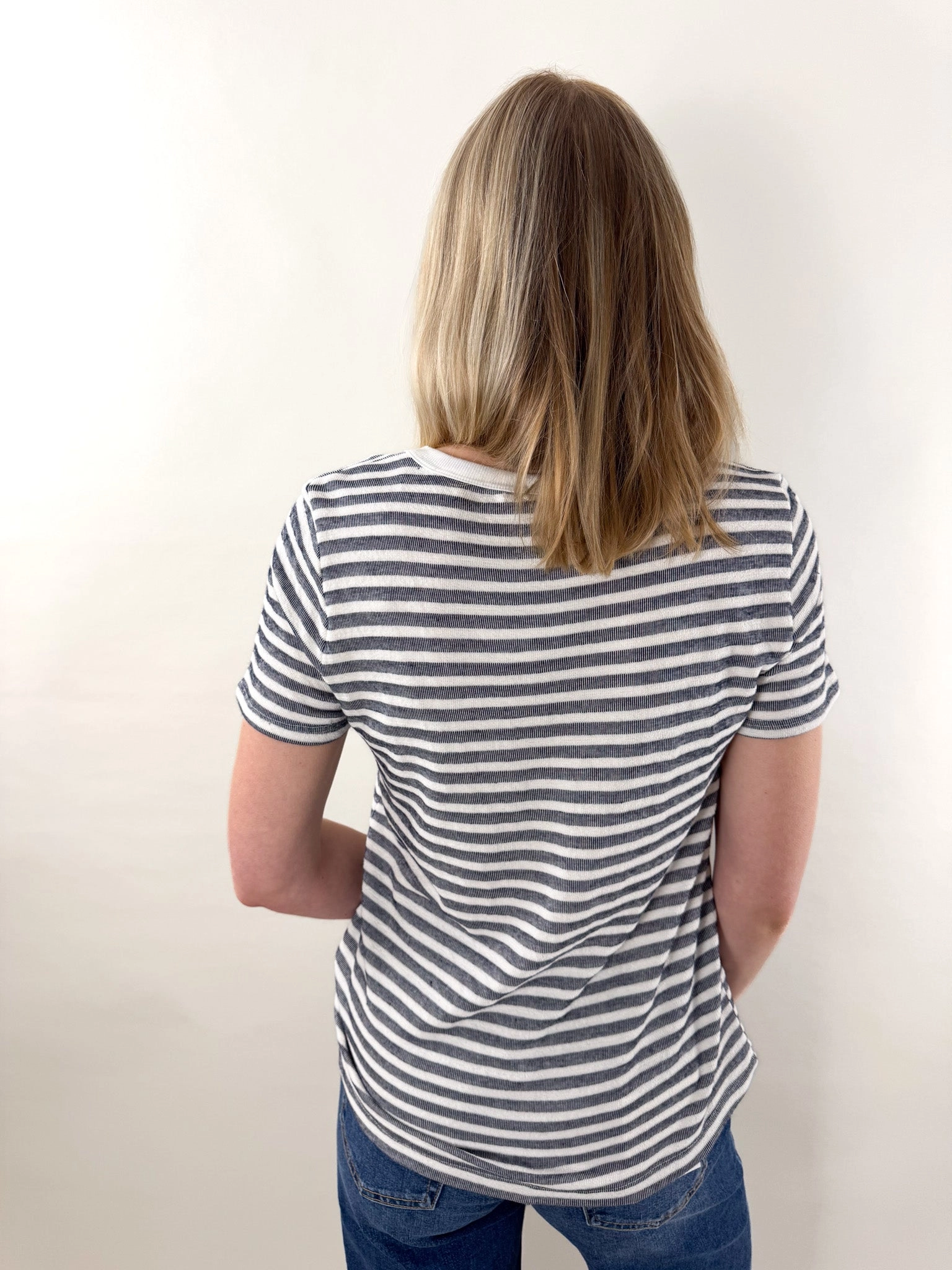 Vicki Round Neck Navy Stripe Short Sleeve