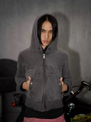 Washed Gray Hooded Sweatshirt Jacket