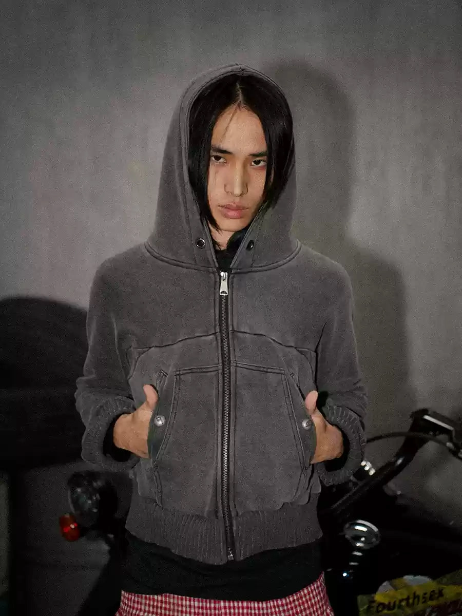Washed Gray Hooded Sweatshirt Jacket
