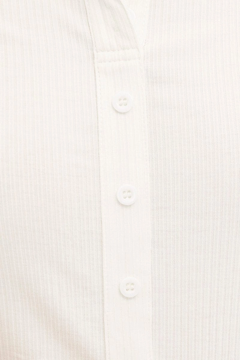 White Collared Top Short Sleeve Button Up Rib Jersey