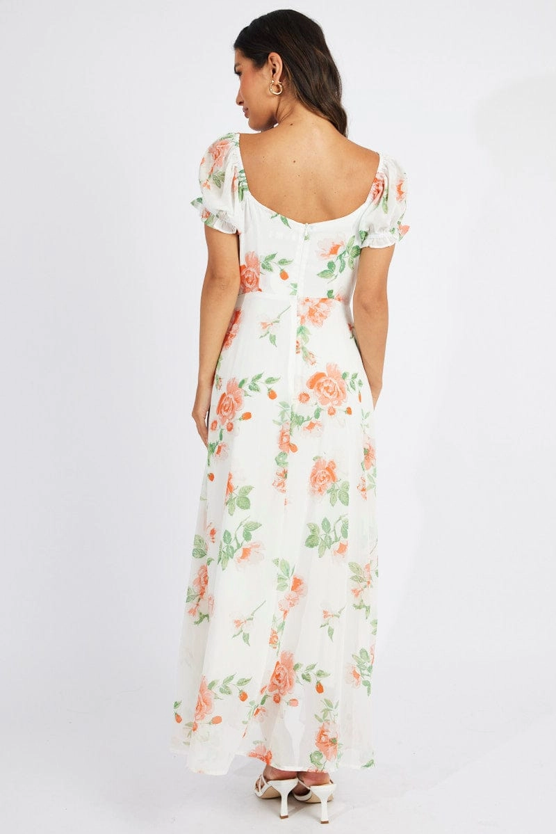 White Floral Maxi dress Puff Sleeve