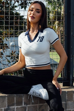 White Knit Top Short Sleeve Collared