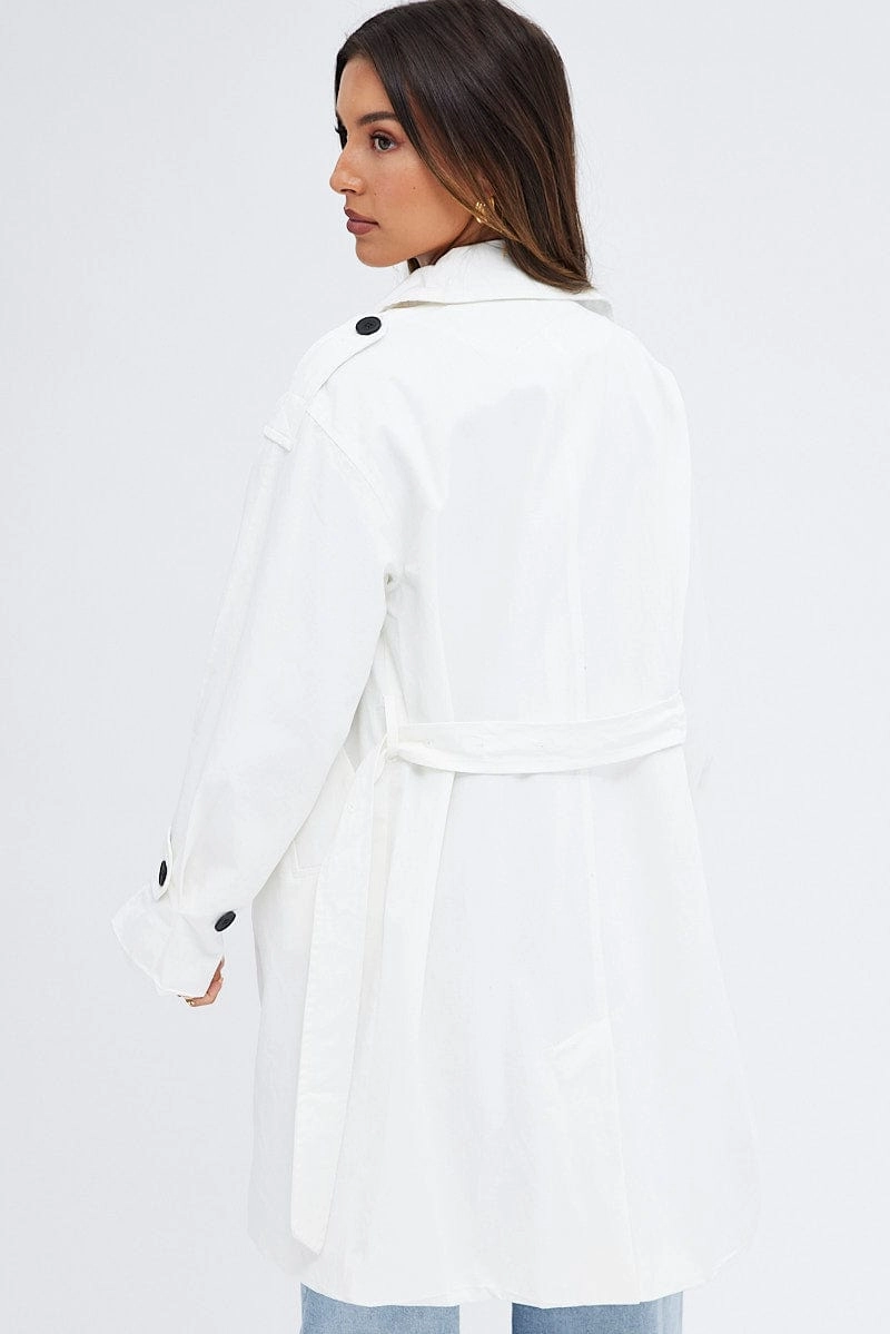 White Longline Trench Coat With Tie