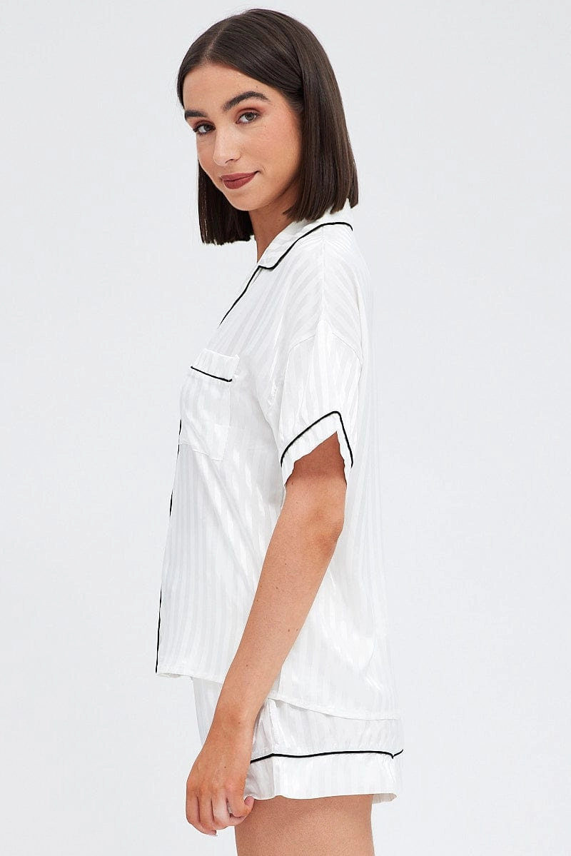 White Stripe Satin Pj Jacquard Stripe Piping Pyjama Set