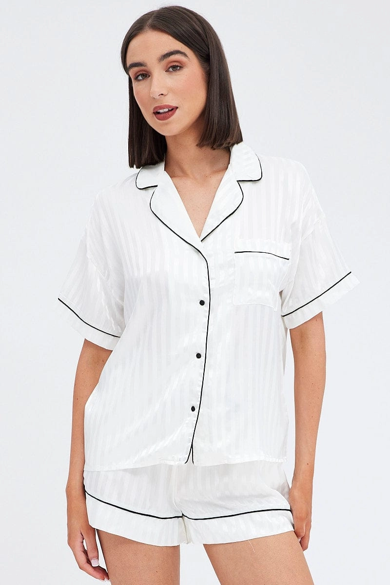 White Stripe Satin Pj Jacquard Stripe Piping Pyjama Set