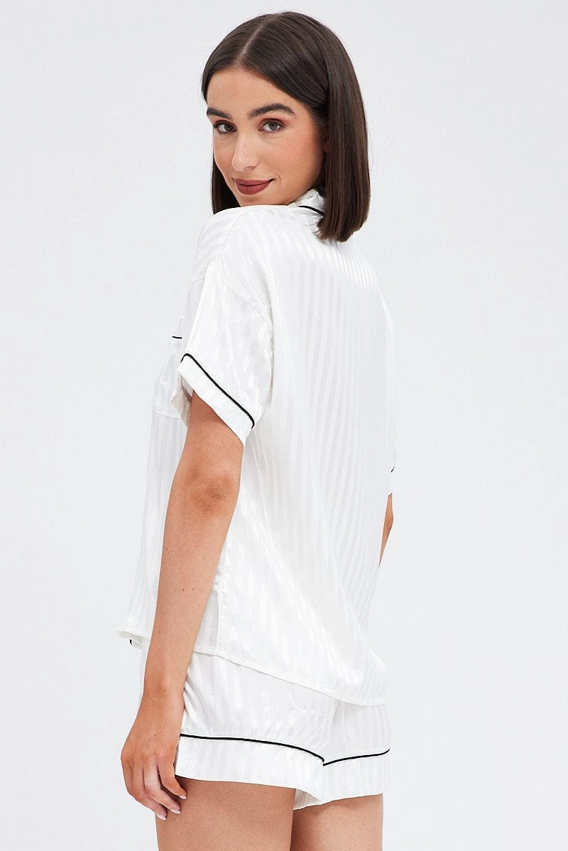 White Stripe Satin Pj Jacquard Stripe Piping Pyjama Set