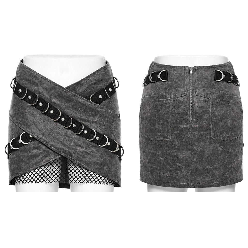 Women's Punk Buckle Mesh Overlapping Short Skirt